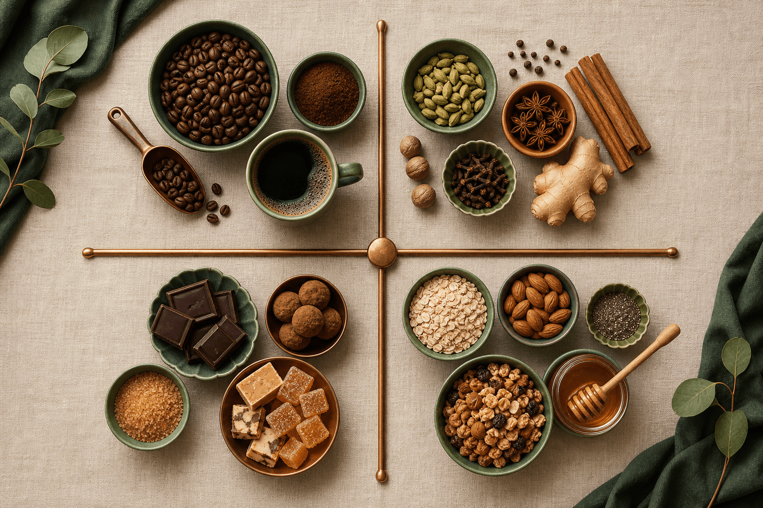 Grouped clusters of pantry ingredients laid out as a guided selection