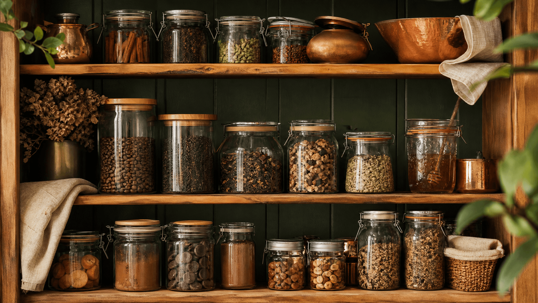 A stocked larder cupboard of coffee, tea, spices, honey and chocolate under warm light