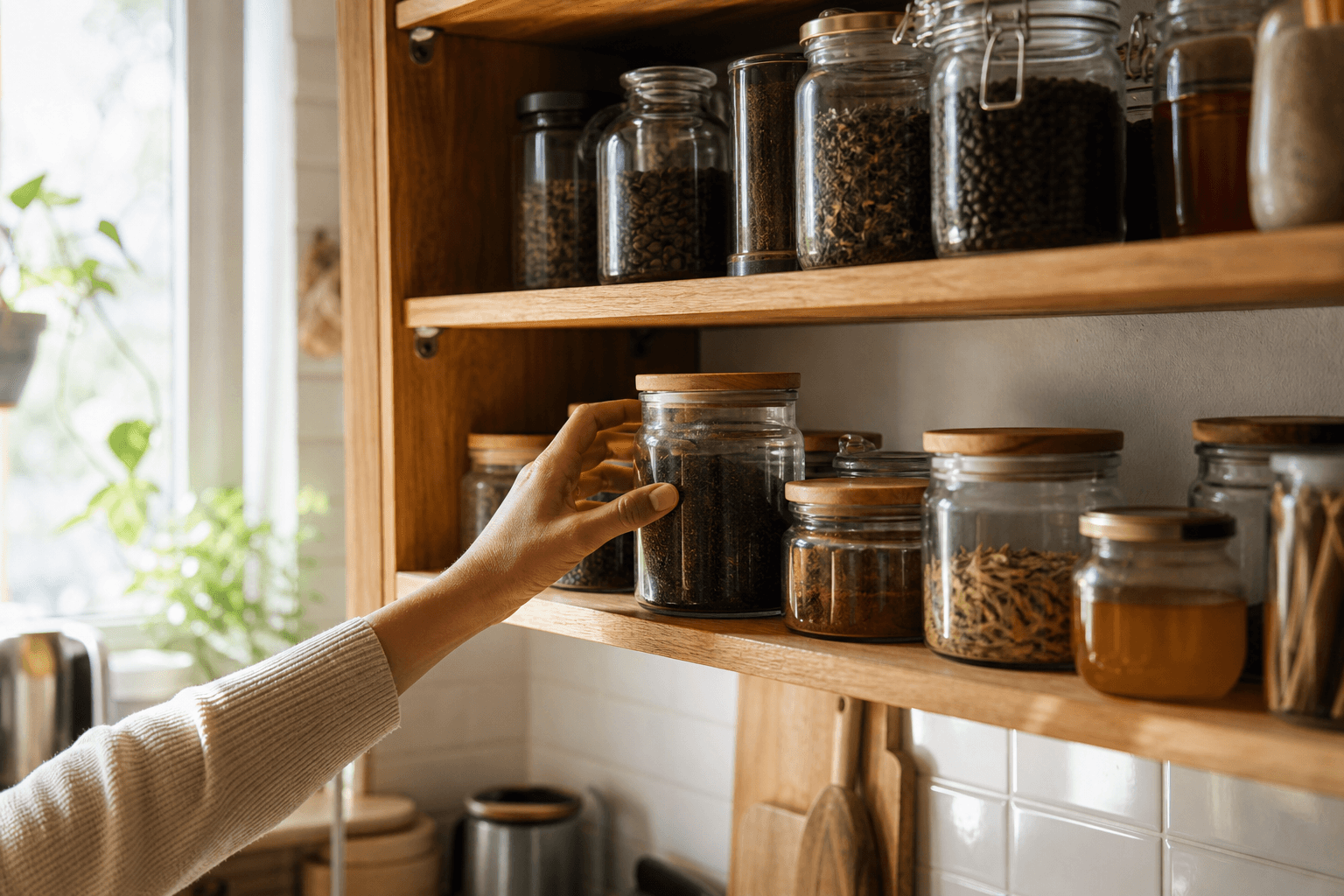 A real kitchen pantry shelf stocked with jars of coffee, tea, spice and honey