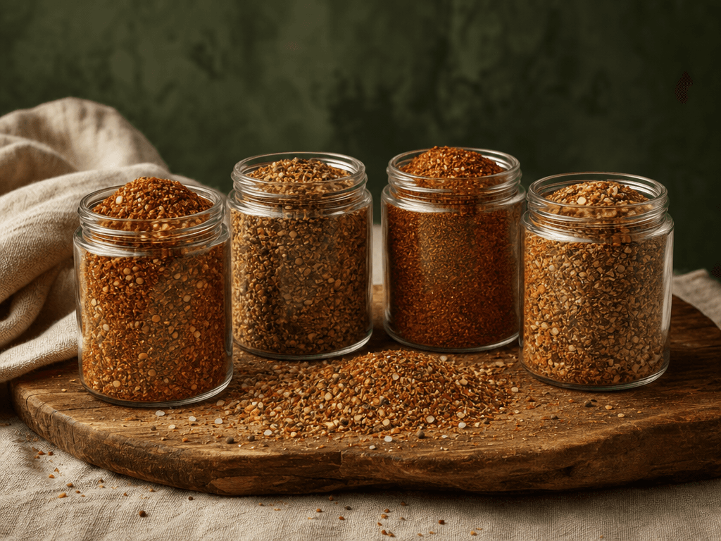 Grill & Roast Rub Set — Four dry rubs for grilling and roasting, with a dosage card.